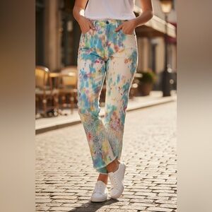 Johnny Was Pastel Tie-Dye Cropped Jeans with White Lace Motif